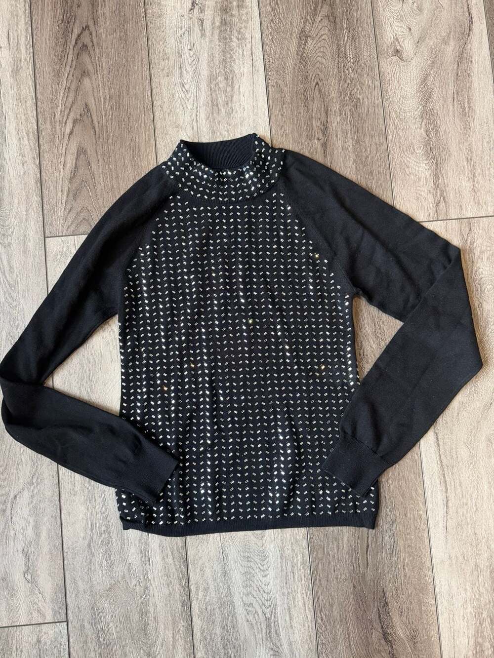 Cache Embellished Mock Neck Sweater Size XS Black Rhinestone Holiday Party Ready